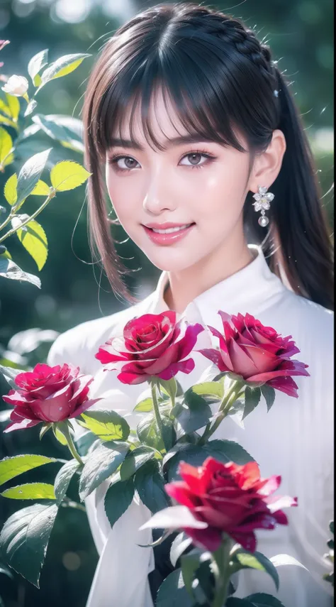 Garden covered with red roses in the background, Silver hair, front ponytail, eyes reflection, red contact lenses, Pink eyes,Heterochromia， Wear earrings, Blue crystal pendant，Evil smile, shairband，High detail, romanticism lain, Depth of field, Sparkle, Ra...