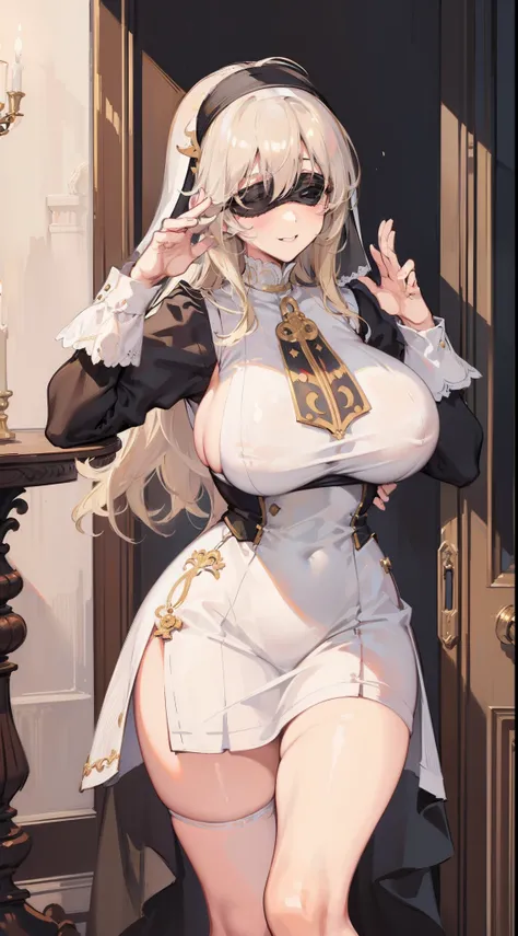 masterpiece,(bestquality),highlydetailed,(mature female:1.5),(milf:1.3),(mature:1.2),(blonde hair:0.9),(wavy hair with big curls:0.8),(long hair:0.8),(ample bosom:1.4),(blindfolded:1.1),(alluring:1.3),(French woman:0.9),(nun outfit:0.9),(seductive:1.2),(wh...