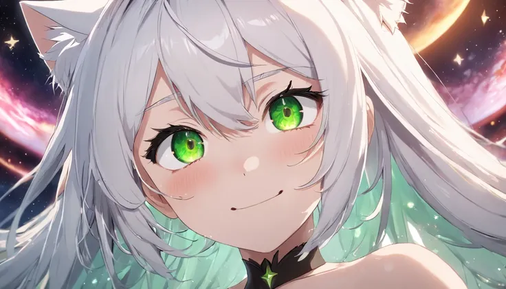 White hair, flowers in head, Green eyes, Star eyes, Cat ears, Smile, Anime style, hyper HD, retinas, ccurate, Masterpiece, Anatomically correct, Textured skin, Super detail, High details, Award-Awarded, High quality, A high resolution, Best quality, 16k