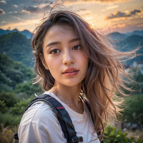 (best quality, hyper realistic photography), magnificent peaks, sea of clouds, a woman watching the sunset, self-shot, ((upper b...