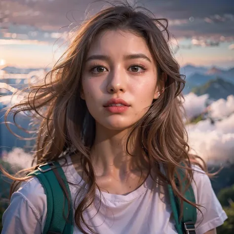 (Best quality, hyper realistic photography), Magnificent peaks, Sea of clouds, A woman watching the sunset, self-shot, ((Upper body)), White T-Shirts, Hiking shorts, trekking boots, rucksack,  (Super delicate face, Super beautiful production, hyper detail ...