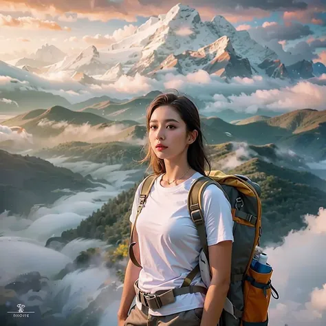 (best quality, hyper realistic photography), magnificent peaks, sea of clouds, a woman watching the sunset, self-shot, ((upper b...