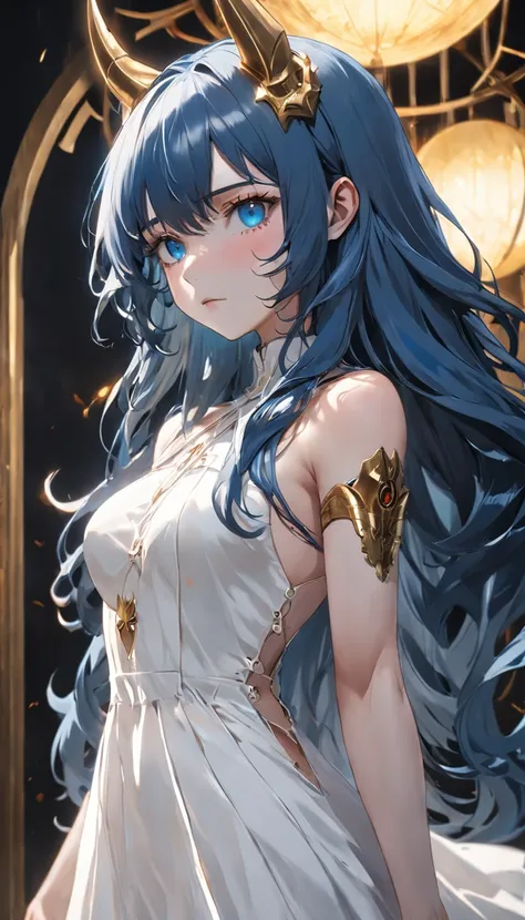 A girl with long blue hair in a white darkwave-style dress with golden details and a devil mask,Estilo Darkwave,retrato de medio cuerpo,centrado,HDR,8k,hiperrealista,hermoso estudio de luz suave,detalles vibrantes,Anatomical,elegante,foco nítido,Foto de es...