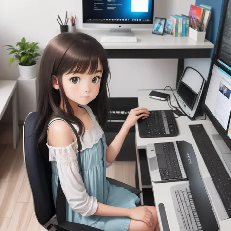 In a modern room, a girl in a dress sits in front of a computer and shows her upper body