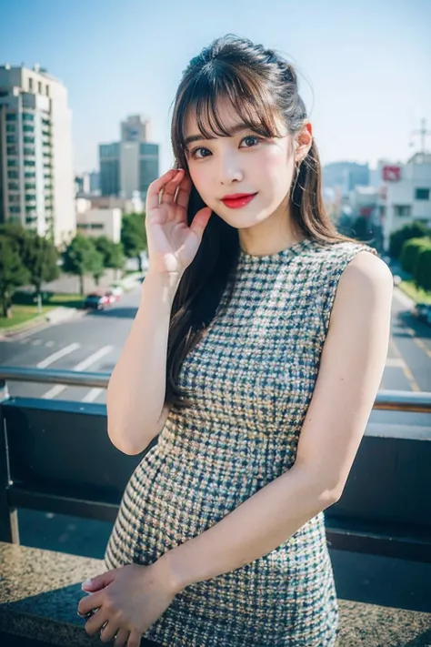 best quality ,masterpiece,ultra high res,(photo realistic:1.4), 1 girl, looking at viewer, Wearing mini dress, japanese famous actress, very beautiful,kawaii, Cinematic, 35mm lens, f/ 1. 8, accent lighting, 8k, in japanese city, tower, posing