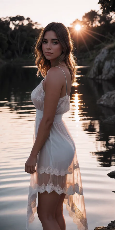 Retrato de uma ruiva de 26 anos, Vestido em a nightie de renda transparente , imerso em um lago, sedution, sunset light, cinematic rendering, 32k