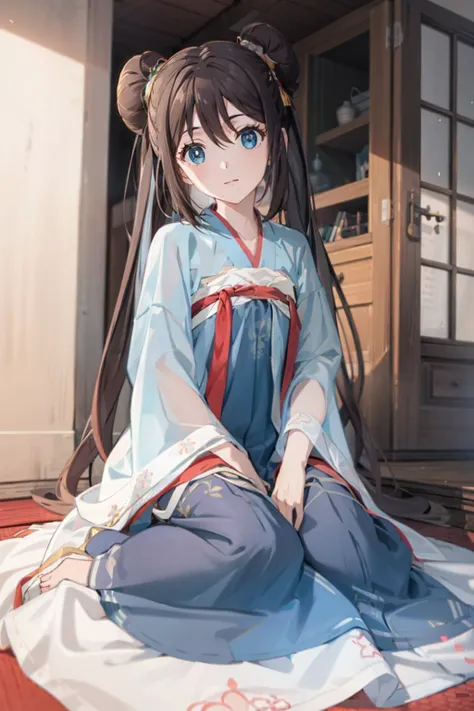 ro1, hair bun, twintails, long hair, blue eyes:1.5, hanfu, tang style, full body, sitting on ground, perfect eyes:1.2, detailed eyes:1.4, masterpiece, best quality,