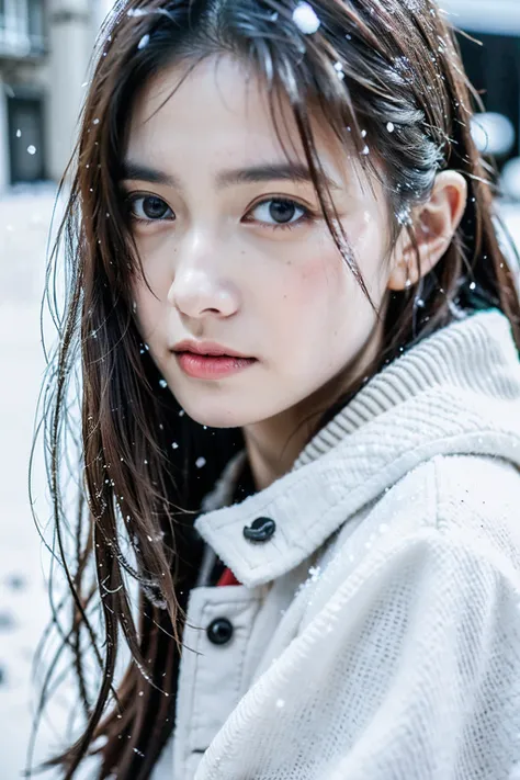 (8k, best quality, masterpiece, ultra highres:1.2) Photo of Pretty Japanese woman
 in the (style of paul rubens and rebecca guay:1.1) (melancholy winter snow:1.4)