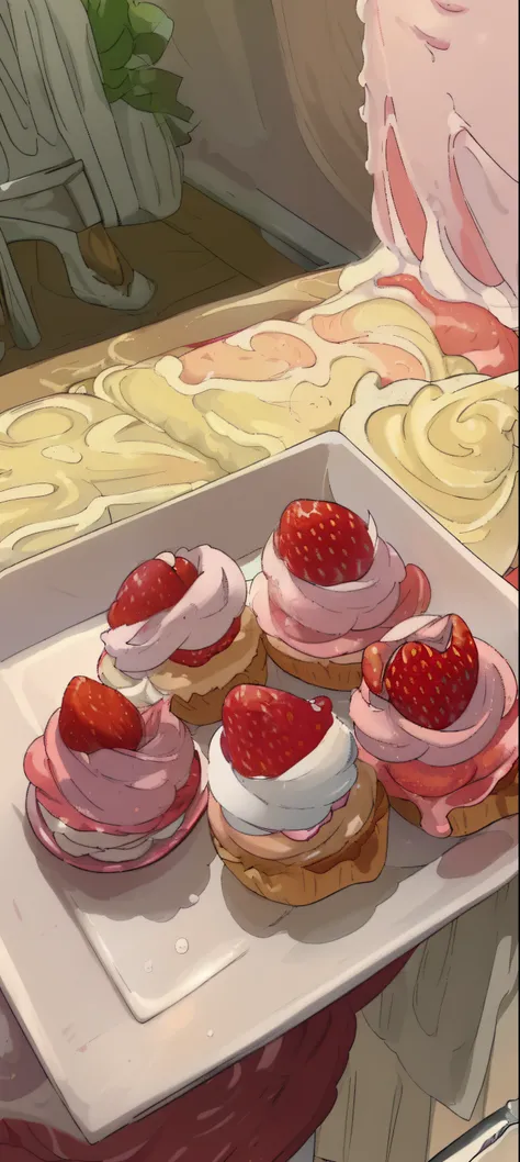 there are four pastries on a plate with strawberries on them, pastry, pastries, whipped cream on top, 🎀 🗡 🍓 🧚, recipe, whipped c...