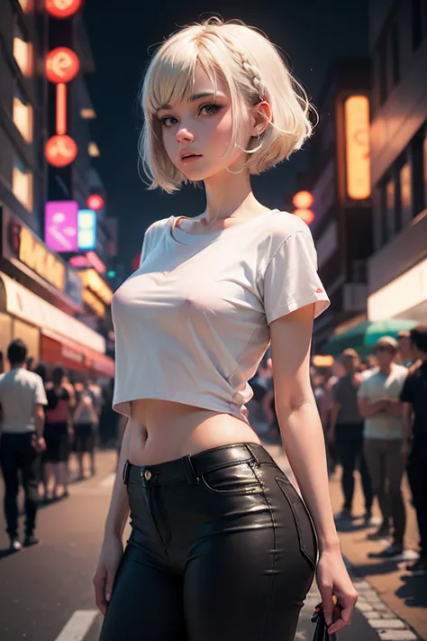 masterpiece, best quality, nsfw, 1girl, platinum blonde hair, short hair, green eyes, braids, small perky breasts, on the street, night, neon light, white t-shirt, braless, black pants, poker face, front view, standing, in crowd,