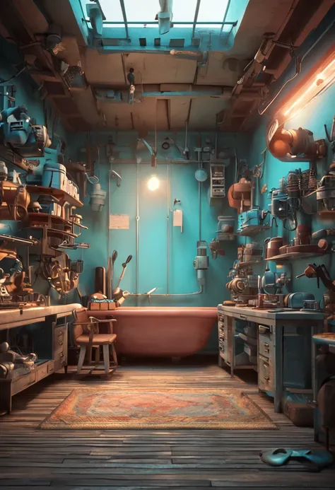 Scene of hardware tools，There are tools on the wall for display，There is a round light，The light color is light blue，Realistic scenes