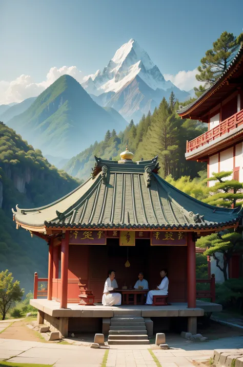 A Taoist temple，Four Taoist priests meditate around a stone table in front of the temple，There is a high mountain behind the Taoist temple, and nearby are green plants，high-definition picture quality，