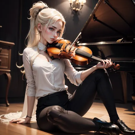 Por favor, Generate a description of a female character playing the violin. She is a talented 25-year-old violinist, com cabelos castanhos compridos e olhos verdes expressivos. She has a modest and professional appearance, usando roupas fechadas e sem sens...