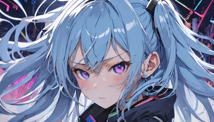 one-girl，short light blue hair slightly curly，lewd poses，High temperament and coldness，Messy long hair，blue color eyes，Long white eyelashes，Bring headphones，The mouth is closed，No teeth exposed，Rainbow，cyber punk perssonage，The environment is simple，Meticu...