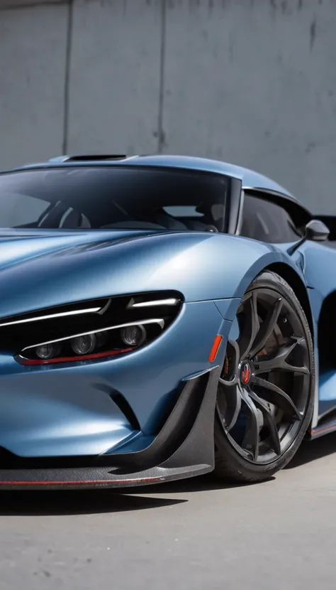 An intricate image of a blue futuristic Volkswagen HyperCar based on ferraris design is parked by the garage, in the style of clean and streamlined, staining, i cant believe how beautiful this is, smooth and polished, gray, rounded, expansive --ar 3:2 --st...