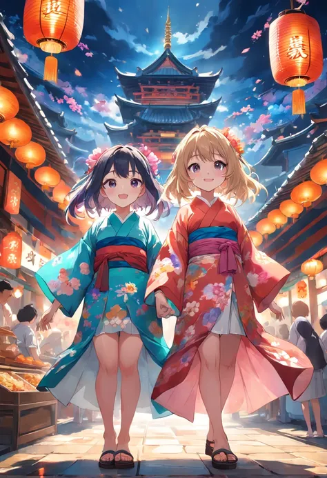 absurderes、A high resolution、ultra - detailed、(2girls:1.4)、Floral kimono、The hair of the flower is Zara、Wearing clogs、A smile、 sunder 、Summer Festivals、Food stalls、Red lantern。 sunder 、Create an image using a prism effect、Refractions light to create a colo...