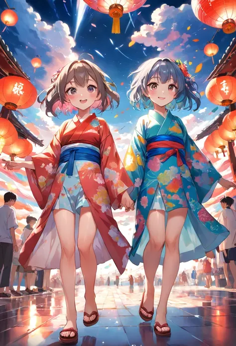 absurderes、A high resolution、ultra - detailed、(2girls:1.4)、Floral kimono、The hair of the flower is Zara、Wearing clogs、A smile、 sunder 、Summer Festivals、Food stalls、Red lantern。 sunder 、Create an image using a prism effect、Refractions light to create a colo...