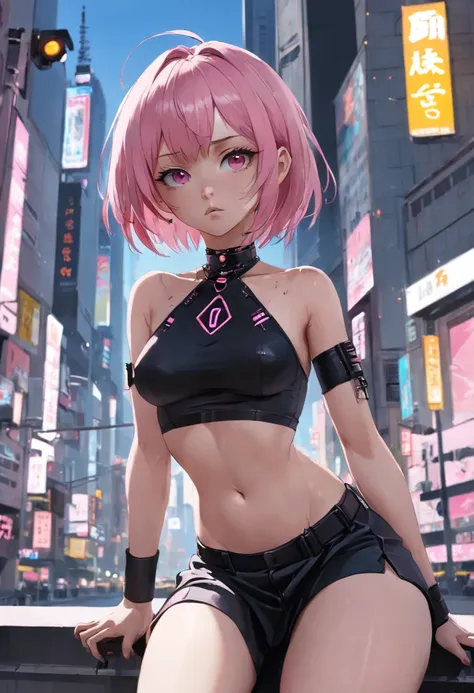 A woman with pink hair and a black shirt sits on a city street，Traffic light in background, Art germ, Anime art, Cyberpunk art of a, Photorealism, 1girll, bangs, Bare_bshoulders, black_choker necklace, Breasts, bridge, brown_Eyes, Building, choker necklace...