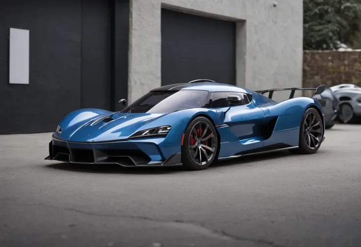 An intricate image of a blue futuristic Volkswagen HyperCar based on ferraris design is parked by the garage, in the style of clean and streamlined, staining, i cant believe how beautiful this is, smooth and polished, gray, rounded, expansive --ar 3:2 --st...