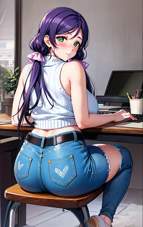 toujo nozomi, green eyes, low twintails,ass, sitting, solo, looking back, from behind, desk, thighs, ass focus, chair, huge ass,...