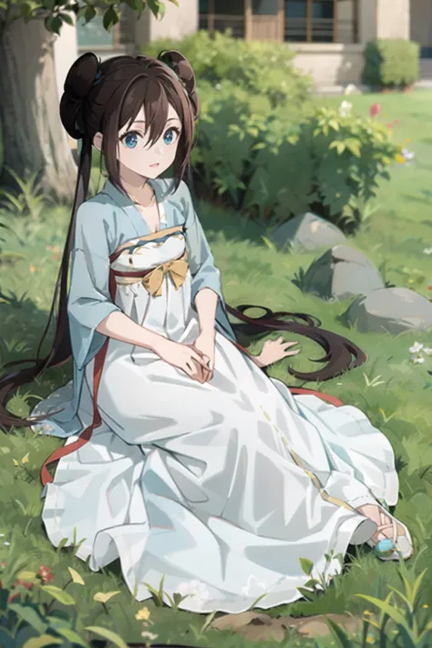 ro1, hair bun, twintails, long hair, blue eyes:1.5, hanfu, tang style, full body, sitting on ground, perfect eyes:1.2, detailed eyes:1.4, masterpiece, best quality,