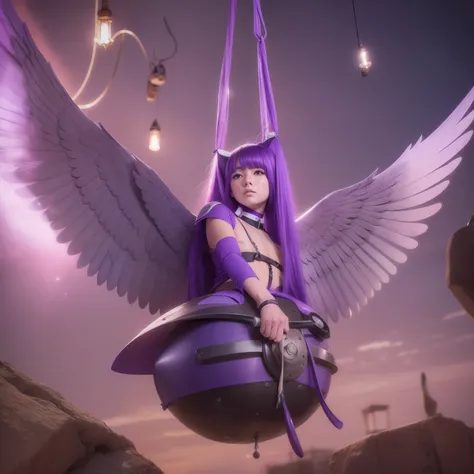 Flying penis, wings, jet motors, long shaft with portholes, purple head, long hanging balls in a sack with hair, pubic hair