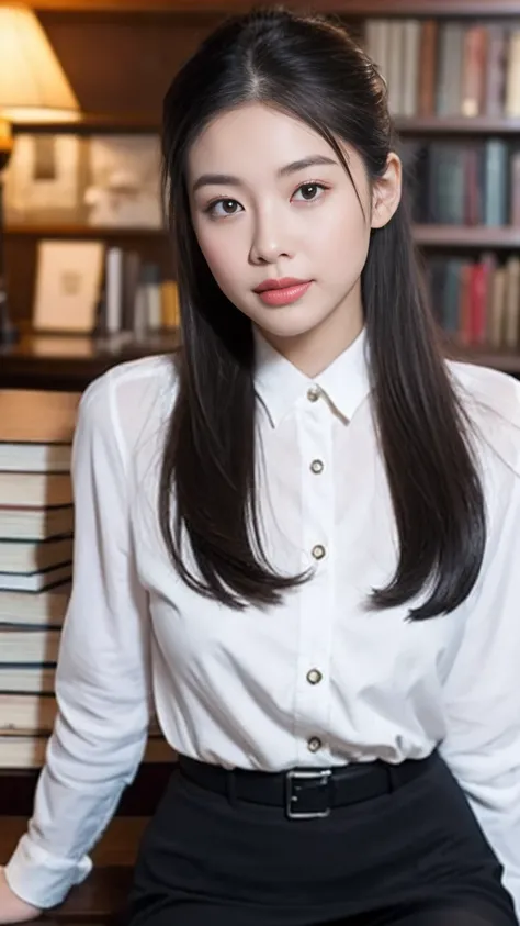 (RAW photogr:1.2),The highest quality, 超高分辨率, A 30-year-old woman in the study：She has an intellectual and elegant temperament，With a low ponytail，Wear a white shirt and a black pencil skirt，Wear a pair of high heels on your feet。She sat at her desk，A pen ...