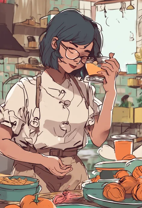 Girl with glasses in the kitchen， slightly fat big breasts， face round， Short hair， Surrounded by food， lofi-girl, Cartoony， Cute drawing style