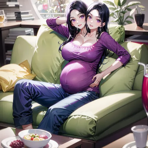 (masterpiece, best quality), best resolution, (2heads:1.5), 1girl, black hair, different hair styles, purple eyes, pink maternity shirt, blue long pants, six months pregnant, hand on stomach, one mouth open, one mouth closed, talking, sitting on a couch, r...