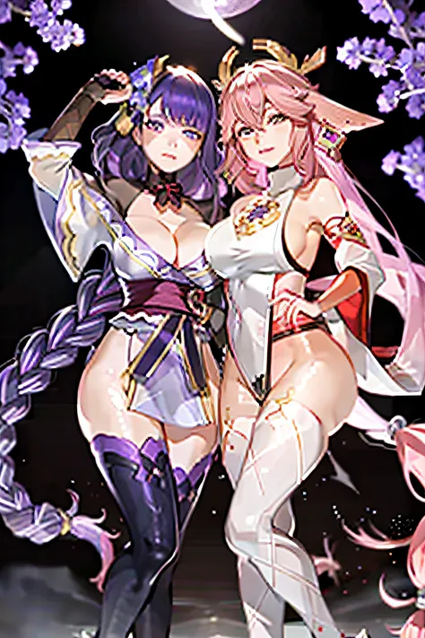 masterpiece, best quality,multiple girls, breasts, 2girls, yae miko, raiden shogun, purple eyes, pink hair, japanese clothes, purple hair, large breasts, long hair, cleavage, hair ornament, thighs, purple kimono, thighhighs, bangs, animal ears, detached sl...