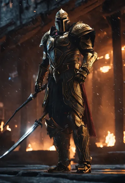 spartan warrior, fighting , stunning armor, black gold armor, epic, 8k