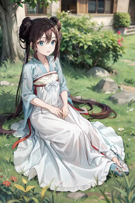 ro1, hair bun, twintails, long hair, blue eyes:1.5, hanfu, tang style, full body, sitting on ground, perfect eyes:1.2, detailed eyes:1.4, masterpiece, best quality,