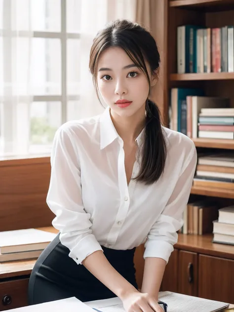 (RAW photogr:1.2),The highest quality, 超高分辨率, A 30-year-old woman in the study：She has an intellectual and elegant temperament，With a low ponytail，Wear a white shirt and a black pencil skirt，Wear a pair of high heels on your feet。She sat at her desk，A pen ...