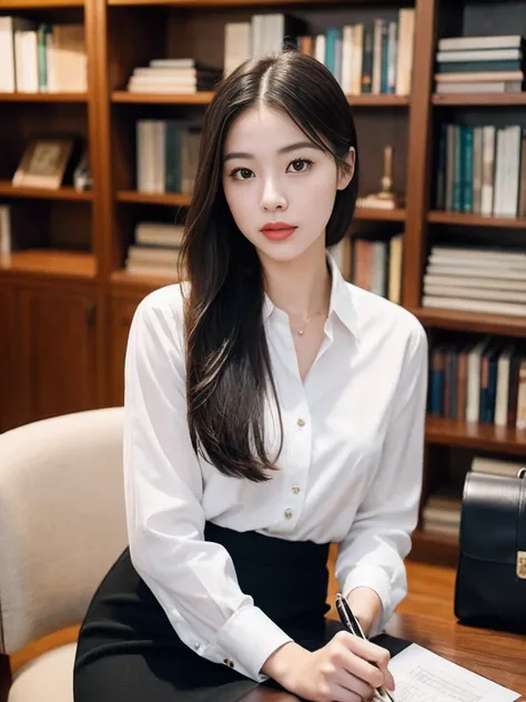 (RAW photogr:1.2),The highest quality, 超高分辨率, A 30-year-old woman in the study：She has an intellectual and elegant temperament，With a low ponytail，Wear a white shirt and a black pencil skirt，Wear a pair of high heels on your feet。She sat at her desk，A pen ...