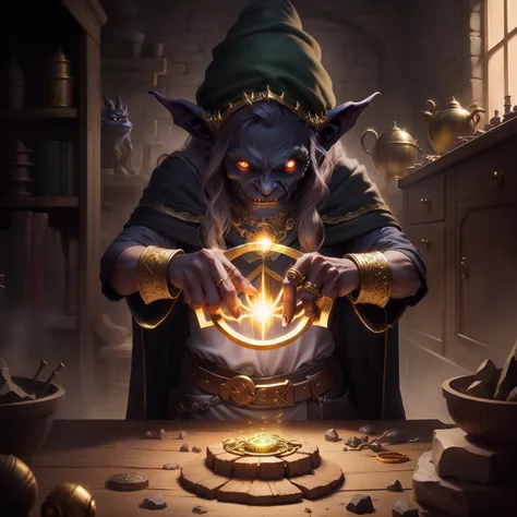 dark goblin holding gold ring, casting a spell, crafting spells, hyperrealistic, fantasy art, high quality illustration