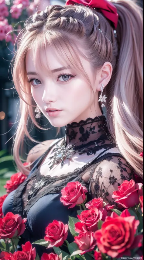 Garden covered with red roses in the background, Silver hair, front ponytail, eyes reflection, red contact lenses, Pink eyes,Heterochromia， Wear earrings, Blue crystal pendant，Evil smile, shairband，High detail, romanticism lain, Depth of field, Sparkle, Ra...