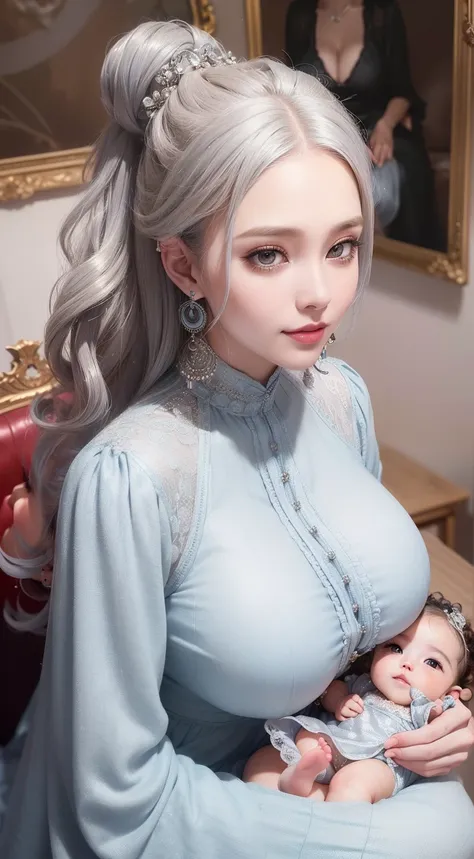 Female ((25 years old)), hair (( curly, long, silver )), clothes ((vintage dress, pattern, light blue)), accessories ((earrings, hair clip)), hair bun, huge boobs, korean make-up look, smiling, sitting on couch, carrying a baby in her lap ( hyper detailed ...