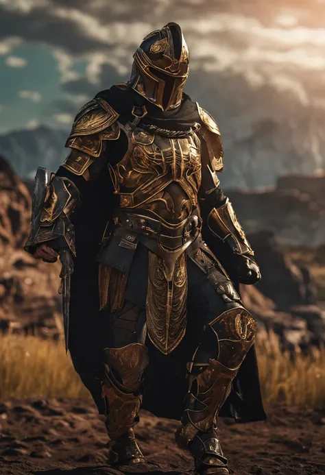 spartan warrior, fighting , stunning armor, black gold armor, epic, 8k