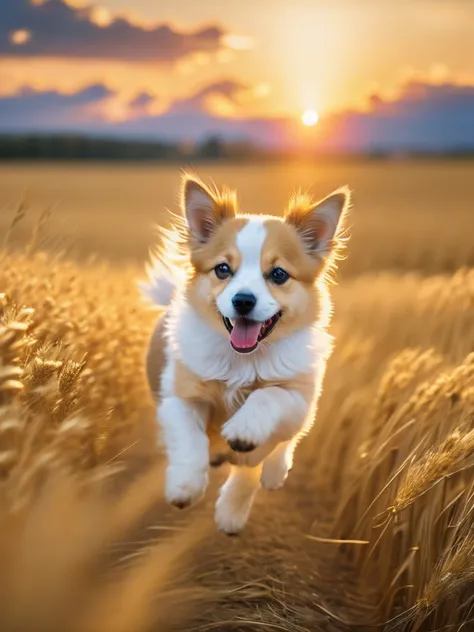 Photo of a very cute puppy running in a golden wheat field, facing the camera, showing his tongue and smiling, sunset sky, white clouds, soft volumetric light, (backlight: 1.3), (movie: 1.2), intricate details, (ArtStation: 1.3), Rutkowski