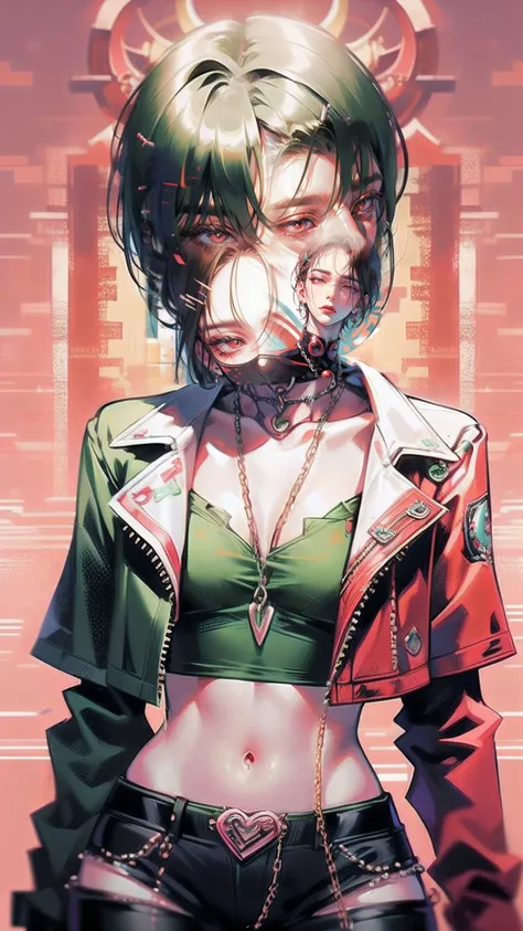 1girl, toxic green hair, grunge decora, punk rock, spike chain collar, choker, leather jacket in hot pink, neon color palette, spiky pigtails, short hair, ripped pants, eyes that hold anger,reelmech, mecha, cyber, robot parts