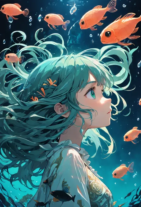 ((masterpiece,best quality)),(negative space:1.2),(1girl, solo:1.4),beautiful detailed eyes,floating hair, underwater, bubble, fish, (jellyfish), fluorescence,sea turtle, seaweed,