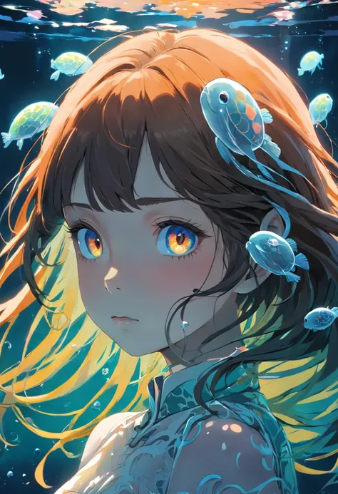 ((masterpiece,best quality)),(negative space:1.2),(1girl, solo:1.4),beautiful detailed eyes,floating hair, underwater, bubble, fish, (jellyfish), fluorescence,sea turtle, seaweed,