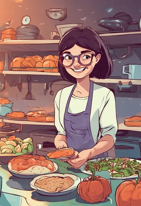 a girl with round glasses surrounding by food in kitchen, joyful, cartoon,short hair,  round face  seed:2164122919