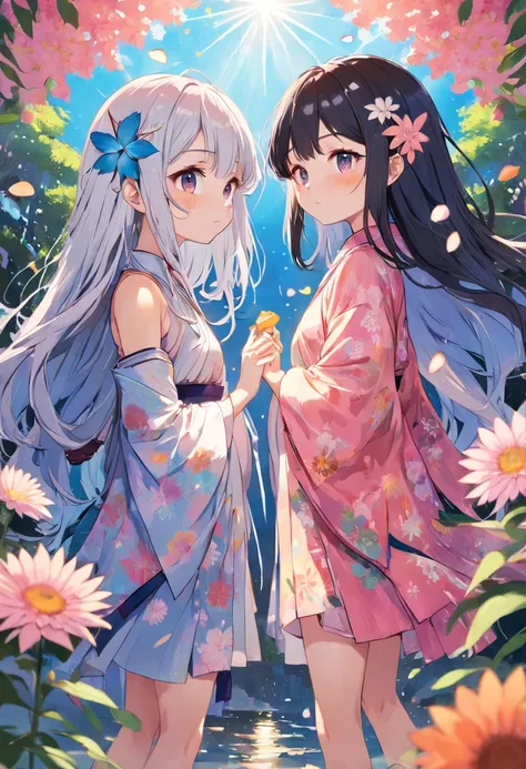 absurderes、A high resolution、ultra - detailed、(2girls:1.4)、with floral pattern、komono、The hair of the flower is Zara、(There is a stick、soft)、 sunder 、Wooden stalls、Summer tradition。 sunder 、Create an image using a prism effect、Refractions light to create a...