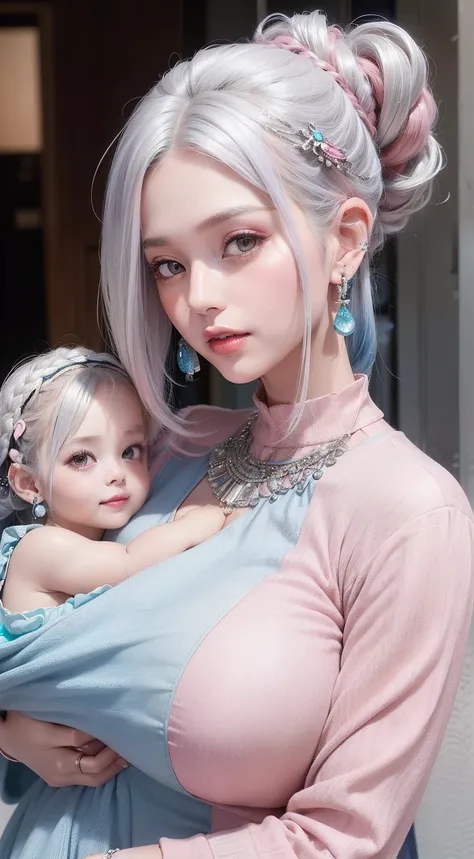 Female ((29 years old)), two-tone gradient hair (( long, silver ,pink )), clothes ((vintage dress, pattern, blue)), accessories ((earrings, hair clip)), hair bun, huge boobs, korean make-up look, smiling, standing, carrying a baby on her lap, ( hyper detai...