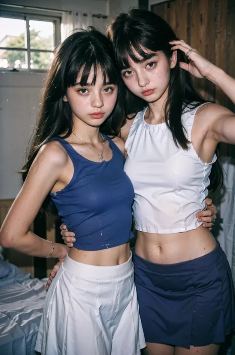 maior,((((two girls,duo,stroking)))), Big Big Tits, slim figure, femele, Blue Sleeveless T-Shirt, White chiffon skirt, Bedroom, bangss, a junior high school student, stright long hair, maior,realskin, Sleep habits