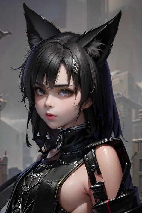 A woman with short hair and fox ears，Wearing a black fur coat, Guviz-style artwork, 3 d anime realistic, photorealistic anime girl rendering, Realistic anime 3 D style, Guweiz on ArtStation Pixiv, Girl with fox ears, anime realism style, Realistic young an...