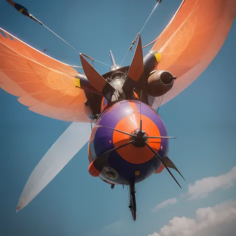 Mosquito Flying penis, wings, jet motors, long shaft with portholes, red, green, blue, yellow, orange, purple, indigo,  head, long hanging balls in a sack with hair, pubic hair