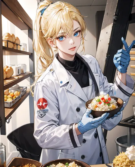 a beauty girl，eBlue eyes，Gold eyelashes, blonde hair, double ponytail，twinsies，Inside the laboratory, wearing a white coat with the word justice written on it, and wearing gloves, scrambled eggs and fried rice。