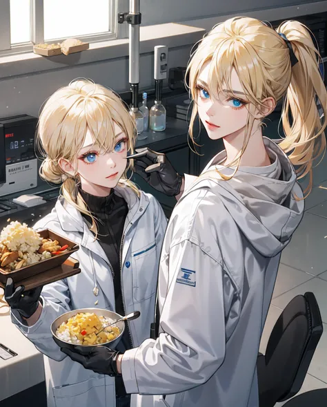 a beauty girl，eBlue eyes，Gold eyelashes, blonde hair, double ponytail，twinsies，Inside the laboratory, wearing a white coat with the word justice written on it, and wearing gloves, scrambled eggs and fried rice。